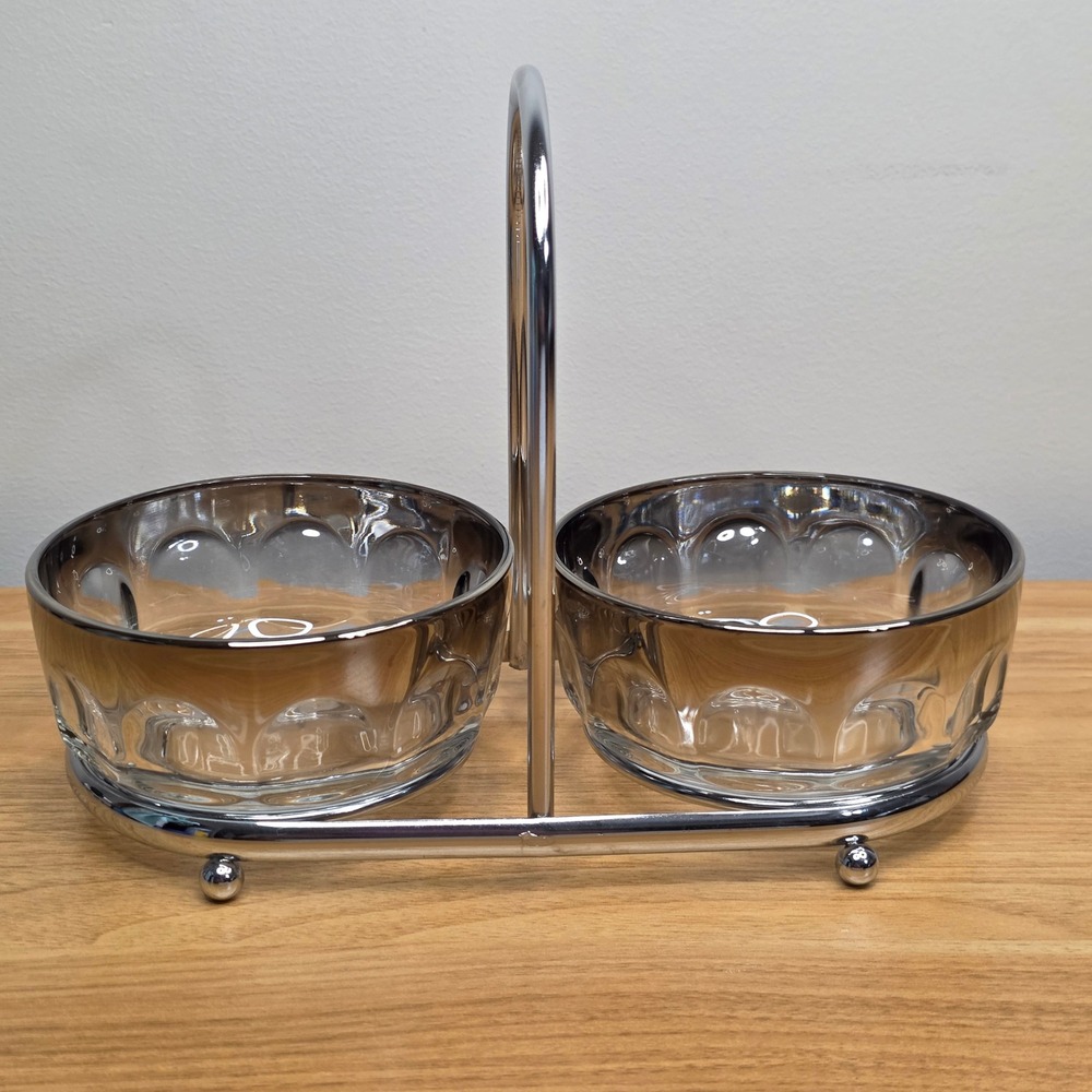 Vintage 1970's Arcoroc Thumbprint Bowls Mercury Silver Color Rim Set of Two